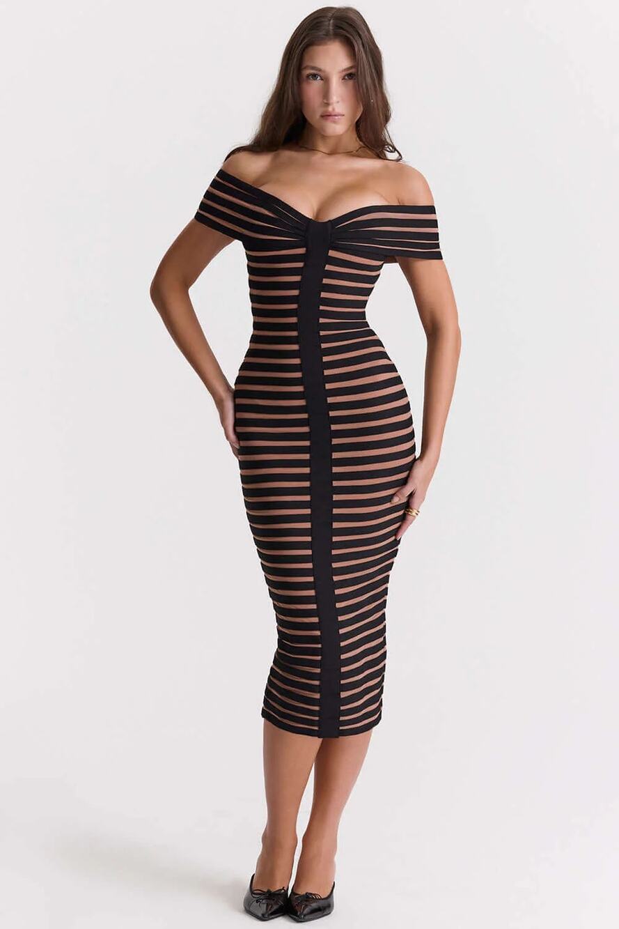 House of CB Black and Nude Off-Shoulder Striped Midi Dress